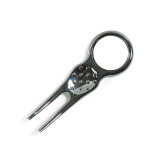 Elite Pitch Repairer & 24mm Ball Marker - A chrome pitch repairer with a ring for attachment and a textured surface for grip.