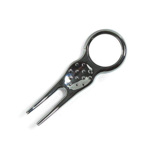Elite Pitch Repairer & 24mm Ball Marker - A chrome pitch repairer with a ring for attachment and a textured surface for grip.