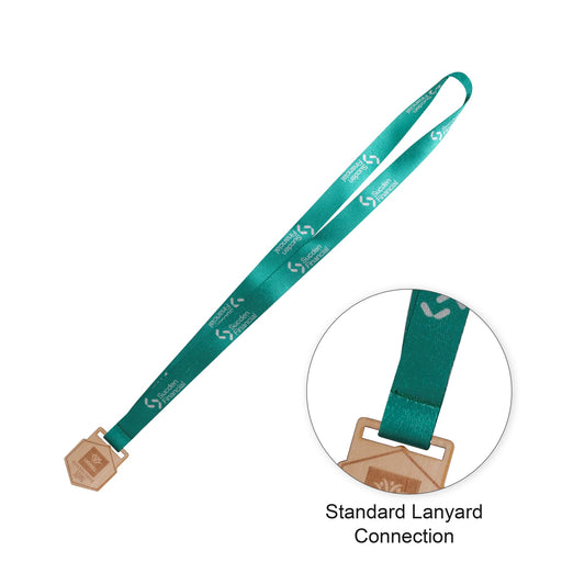 Custom Shaped Wooden Medal with RPET Lanyard - A custom-shaped wooden medal in light wood, attached to a green RPET lanyard with a logo.