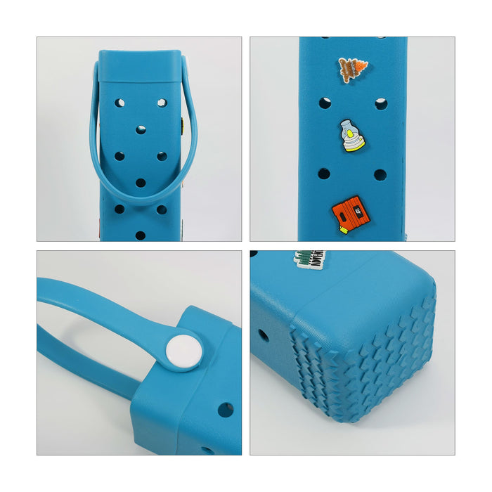 EVA Holes Wine Bottle Bag - A drink bottle bag in vibrant blue, featuring decorative holes and a handle, with various small embellishments.