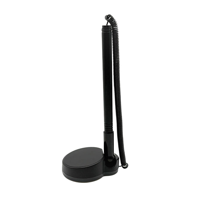 Counter Fixed Signature Pen D - A black fixed signature pen with a coiled cord attached to a round base.