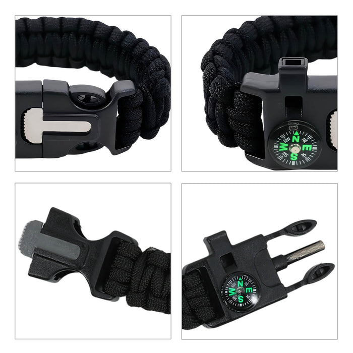 5 in 1 Survival Bracelet - A black paracord bracelet featuring a compass and multiple attachment points. It has a strong, durable design.