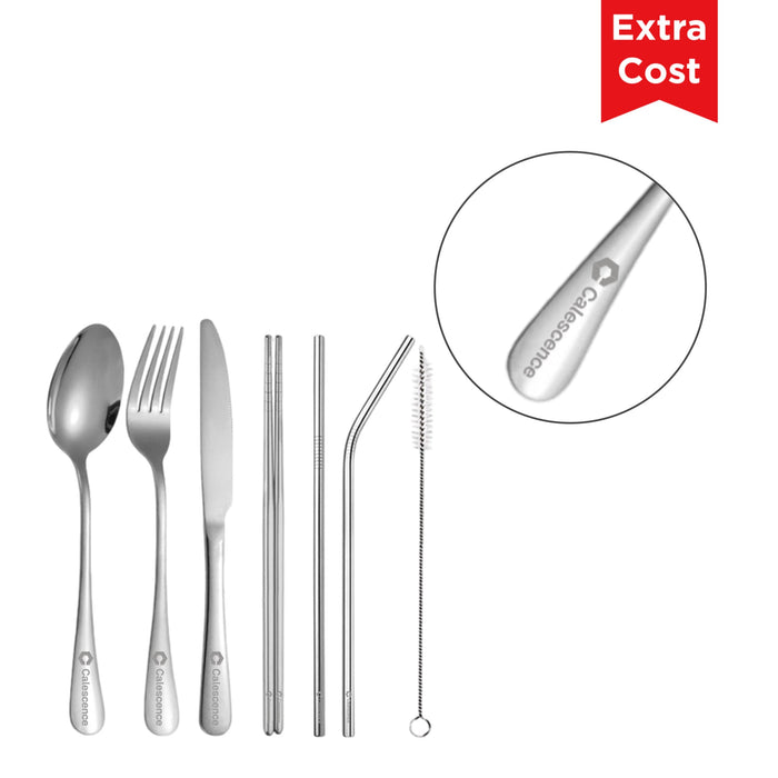 Stainless Steel Flatware Set 7pcs - A stainless steel flatware set with a spoon, fork, knife, and reusable straws in silver, featuring a logo.