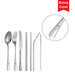 Stainless Steel Flatware Set 7pcs - A stainless steel flatware set with a spoon, fork, knife, and reusable straws in silver, featuring a logo.