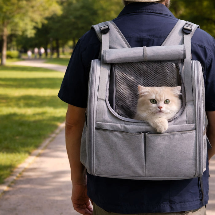 Pet Backpack Carrier with Expandable Design - A grey pet backpack carrier with an expandable design, featuring a mesh window and a cat peeking out.