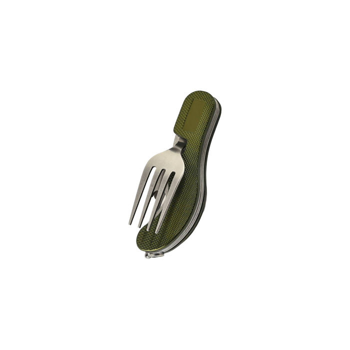 Camping Cutlery - A compact camping cutlery tool featuring a stainless steel fork and an olive green handle. Includes a logo on the handle.