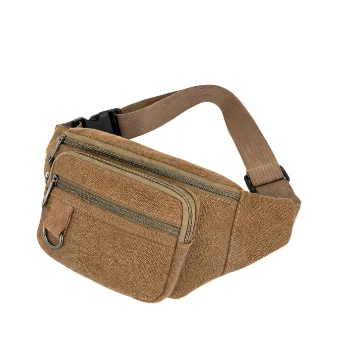 Canvas Waist Bag - A tan canvas waist bag with multiple zippered compartments and an adjustable strap. It features a small loop for attachment.