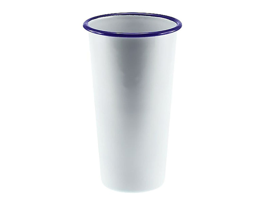 Falcon Enamel 775ml 10cm Tumbler - A white enamel tumbler with a blue rim, measuring 775ml and 10cm tall. Features a simple design.