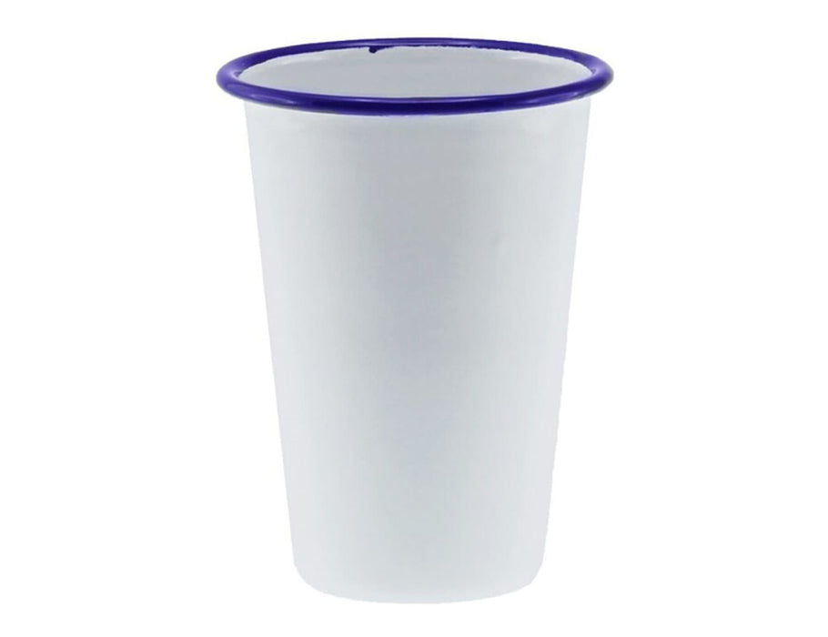 Falcon Enamel 425ml 8cm Tumbler - A tumbler with a white body and a blue rim, measuring 425ml and 8cm tall. Features a logo.