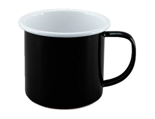 Falcon Enamel 350ml 8cm Two-Tone Mug - A two-tone mug featuring a black exterior and a white inner surface, with a sturdy handle and a logo.