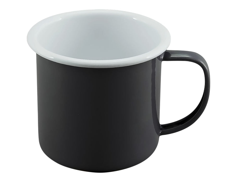 Falcon Enamel 350ml 8cm Two-Tone Mug - A two-tone mug in black and white with a glossy finish and a sturdy handle. It has a logo on the side.