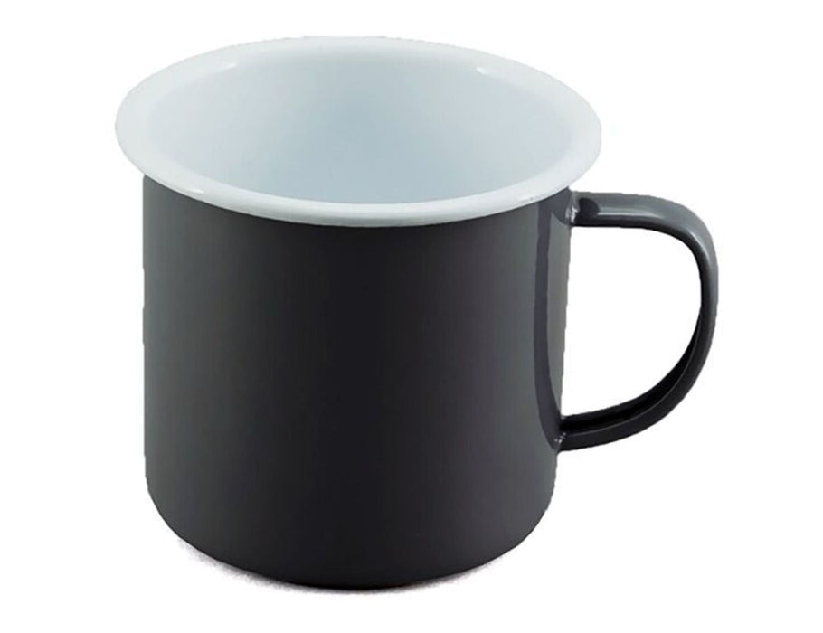 Falcon Enamel 500ml 9cm Two-Tone Mug - A two-tone 500ml mug featuring a black exterior and white interior with a handle, and a logo on the side.
