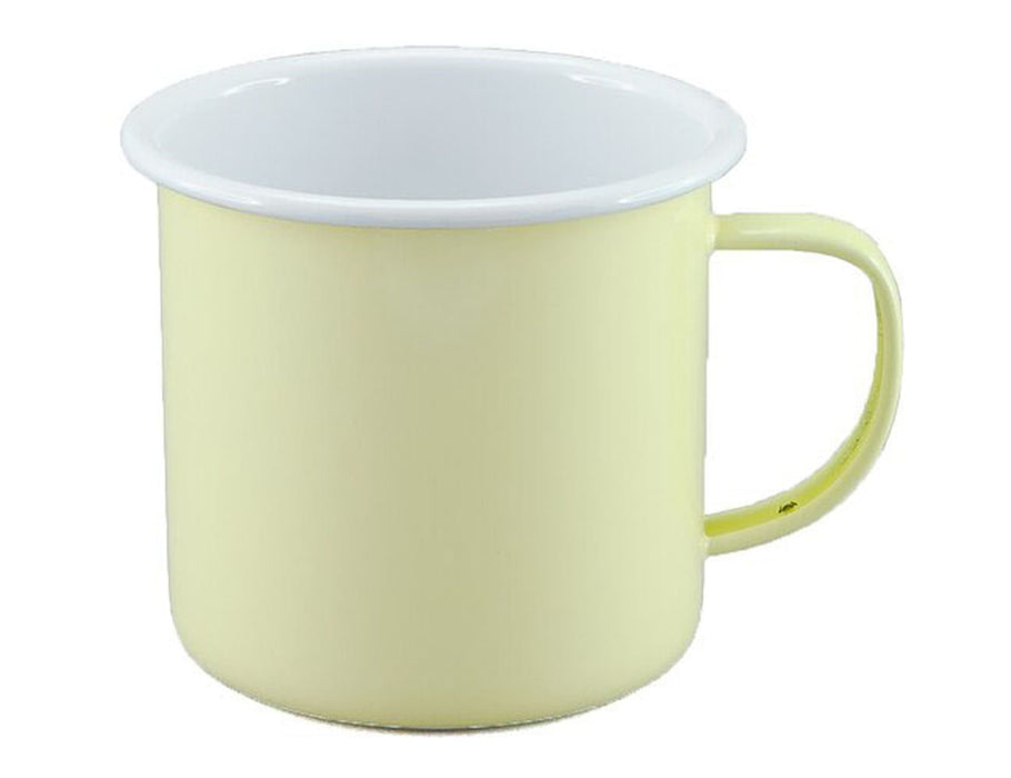 Falcon Enamel 500ml 9cm Two-Tone Mug - A two-tone mug in pastel yellow with a white interior and a handle, featuring a logo.
