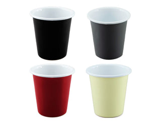 Falcon Enamel 300ml 8cm Tumbler - A collection of four Falcon Enamel 300ml tumblers in black, charcoal, red, and pale yellow with white inner linings.