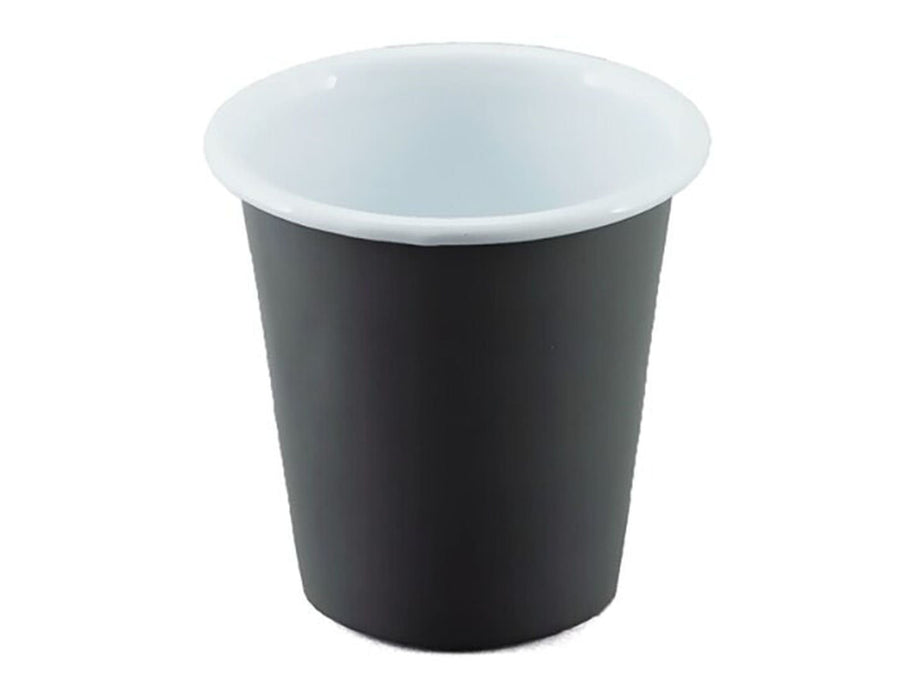 Falcon Enamel 300ml 8cm Tumbler - A tumbler featuring a black exterior and a white interior, with a logo on the side.