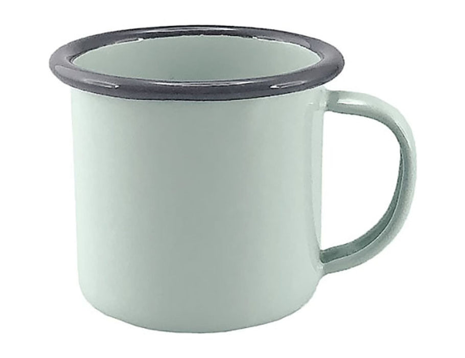 Falcon Enamel 125ml 6cm Espresso Mug - A mint green espresso mug with a dark rim and handle, featuring a smooth enamel finish and a branding logo.
