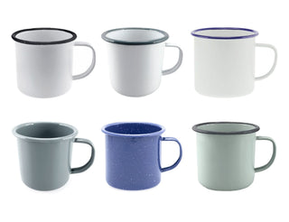 Falcon Enamel 500ml 9cm Mug - A set of six enamel mugs in various colours, including white, grey, blue, and green, each with contrasting rims.