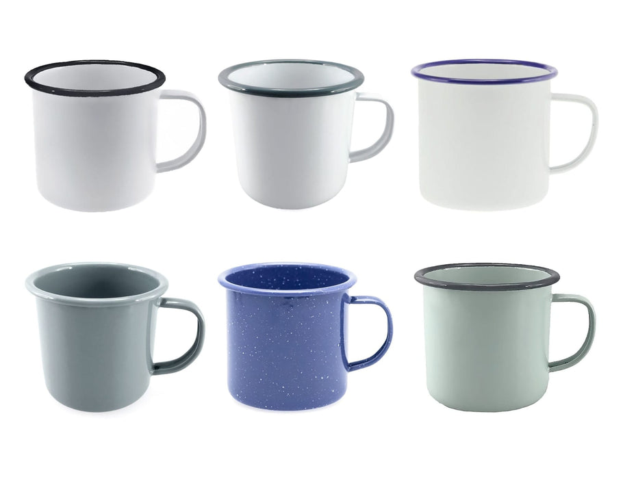 Falcon Enamel 500ml 9cm Mug - A set of six enamel mugs in various colours, including white, grey, blue, and green, each with contrasting rims.