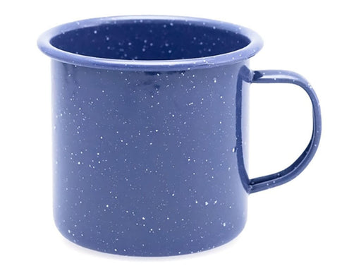 Falcon Enamel 500ml 9cm Mug - A Falcon Enamel 500ml mug in navy blue with a speckled finish and a sturdy handle, featuring branding.