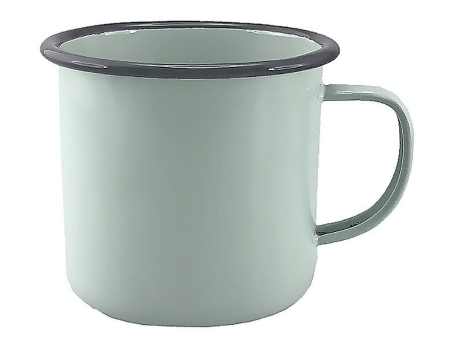 Falcon Enamel 500ml 9cm Mug - A light green enamel mug with a dark rim, featuring a handle. Holds 500ml and has a smooth interior finish.
