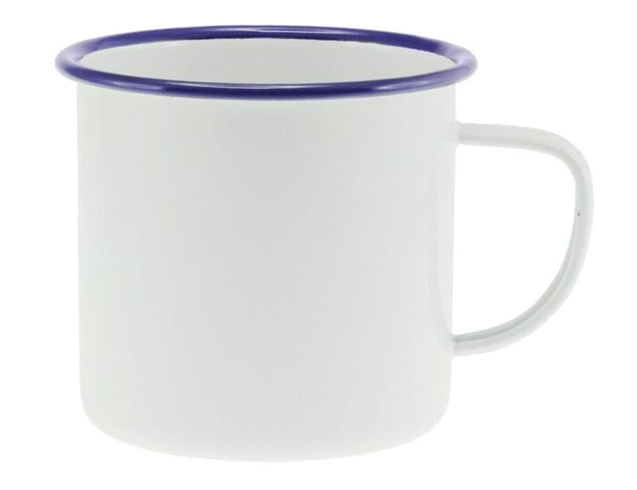 Falcon Enamel 500ml 9cm Mug - A 500ml white enamel mug with a blue rim and a handle. It features a logo on the side.