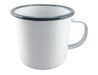 Falcon Enamel 500ml 9cm Mug - A white enamel mug with a grey rim and a handle, featuring a logo on the side. Suitable for beverages.