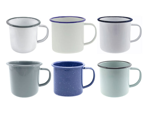 Falcon Enamel 350ml 8cm Mug - A set of six enamel mugs in various colours: white, grey, light blue, dark blue, and cream, featuring contrasting rims and handles.