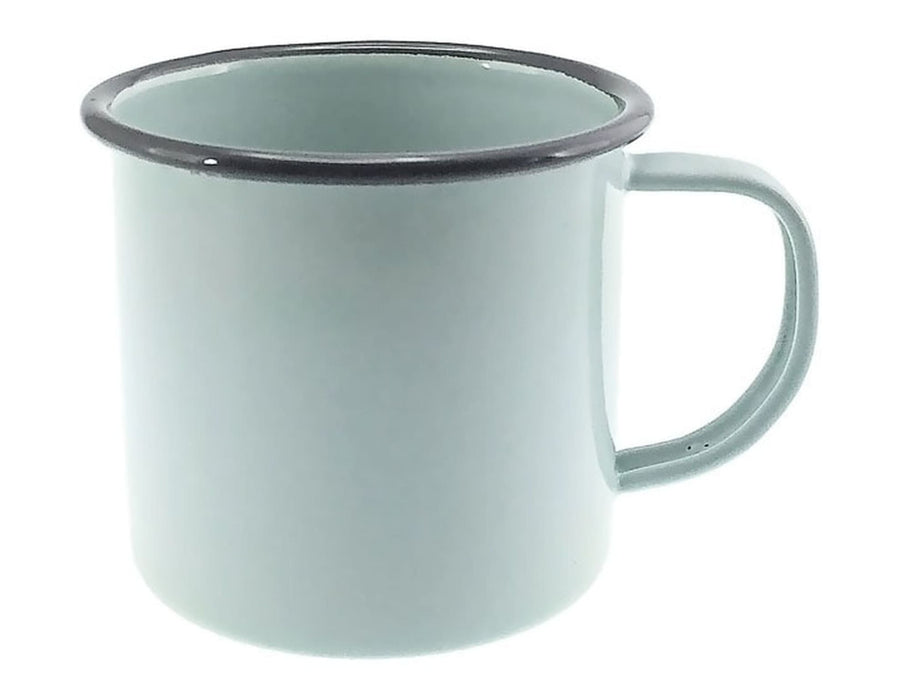 Falcon Enamel 350ml 8cm Mug - A mug with a light green enamel finish and a black rim, featuring a handle and a simple design.
