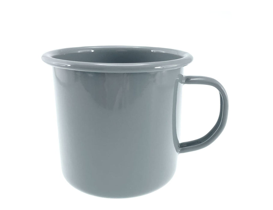 Falcon Enamel 350ml 8cm Mug - A grey enamel mug with a handle, featuring a glossy finish and a rounded rim, includes branding.