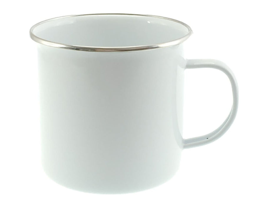 Falcon Enamel 500ml 9cm Rimmed Mug - A white rimmed enamel mug with a silver trim and a handle, suitable for various beverages.
