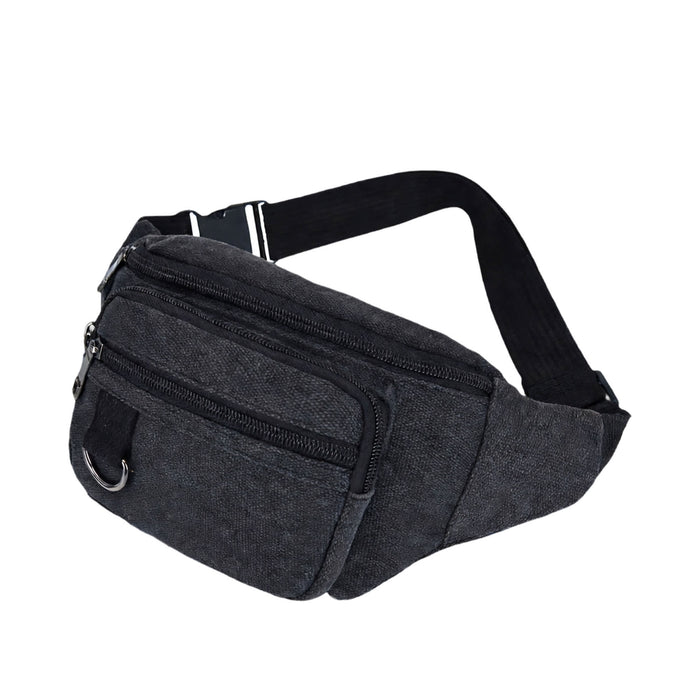 Canvas Waist Bag - A dark grey canvas waist bag with multiple zippered pockets and an adjustable strap. Features a logo.