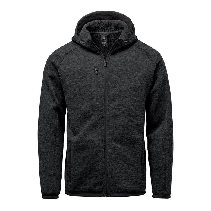 Men's Avalante Full Zip Fleece Hoody - A black full zip fleece hoody featuring a hood and multiple zippered pockets. It has a logo on the front.