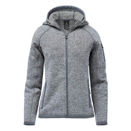 Women's Avalante Full Zip Fleece Hoody - A grey full zip fleece hoody with a hood and a logo, featuring a textured fabric and side pockets.