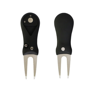Flick Fork Pitch Repairer With 25mm Ball Marker - A black golf pitch repairer with a 25mm ball marker, featuring two prongs and a logo.