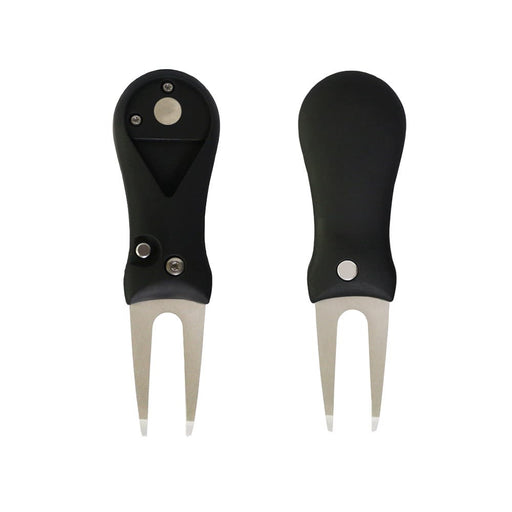 Flick Fork Pitch Repairer With 25mm Ball Marker - A black golf pitch repairer with a 25mm ball marker, featuring two prongs and a logo.