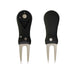 Flick Fork Pitch Repairer With 25mm Ball Marker - A black golf pitch repairer with a 25mm ball marker, featuring two prongs and a logo.