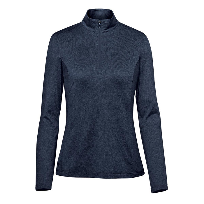 Women's Volante H2X-DRY 1/4 Zip Pullover - A women's pullover in navy blue with a 1/4 zip collar and long sleeves, featuring a logo on the garment.