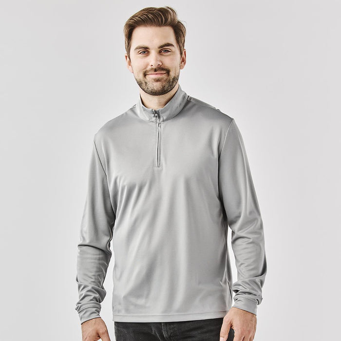 Men's Monterey 1/4 Zip Pullover - A grey men's pullover featuring a 1/4 zip and long sleeves, with a branding logo on the garment.