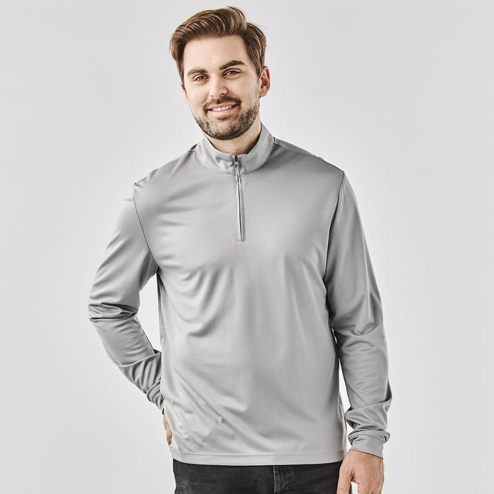 Men's Monterey 1/4 Zip Pullover - A light grey men's 1/4 zip pullover jumper with long sleeves and a collar, featuring a logo.