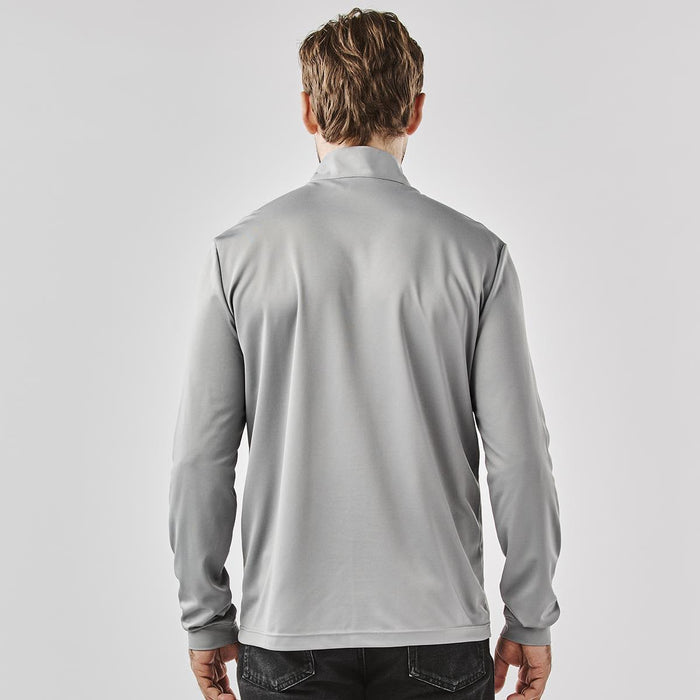 Men's Monterey 1/4 Zip Pullover - A men's grey 1/4 zip pullover, featuring long sleeves and a collar, with a subtle logo.
