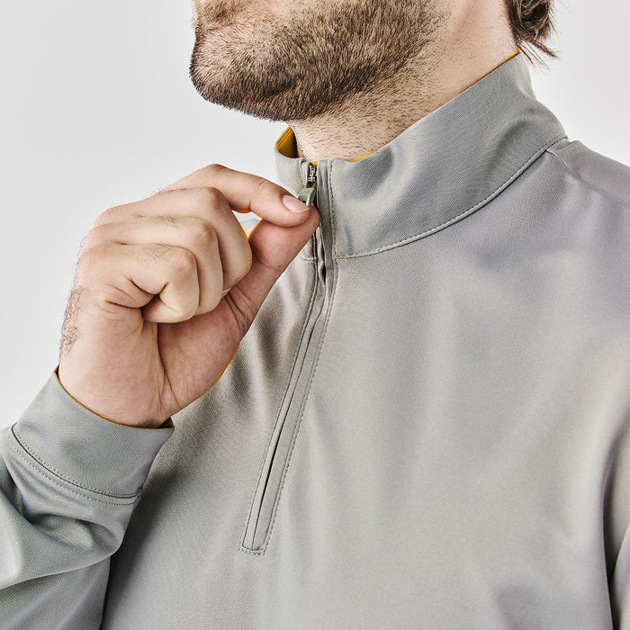 Men's Monterey 1/4 Zip Pullover - Men's Monterey 1/4 zip pullover in grey with a collar and a zippered front. Features a branding logo.