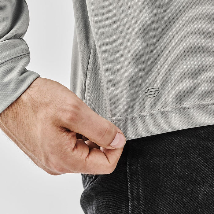 Men's Monterey 1/4 Zip Pullover - A grey 1/4 zip pullover with a fitted design and a logo at the hem. Suitable for casual wear.