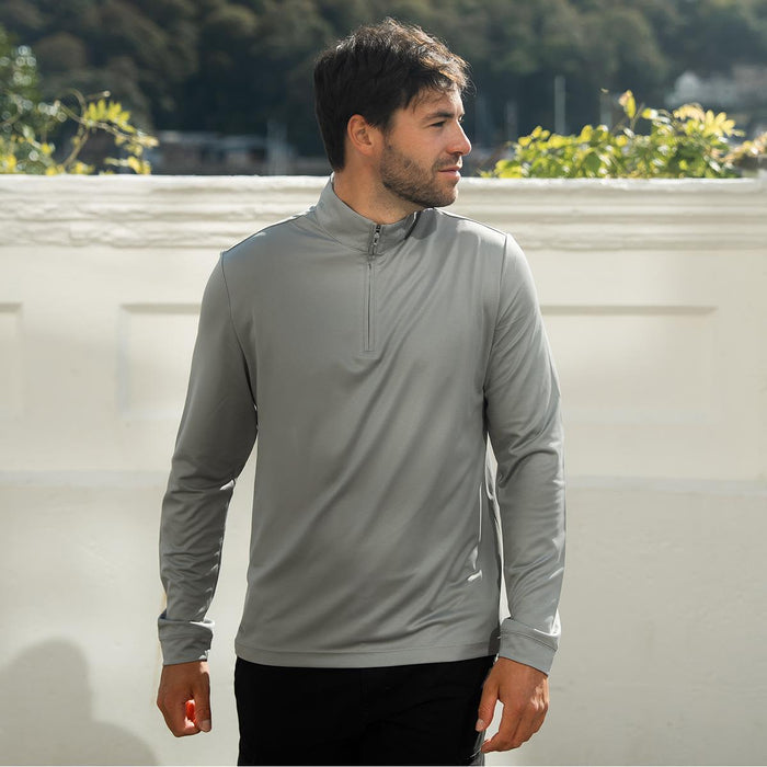 Men's Monterey 1/4 Zip Pullover - A grey men's pullover with a quarter zip, featuring long sleeves and a logo on the side.