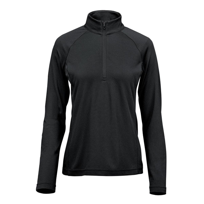 Women's Mesa 1/4 Zip Pullover - A black women's pullover with a quarter zip and long sleeves, featuring a subtle texture and a logo.