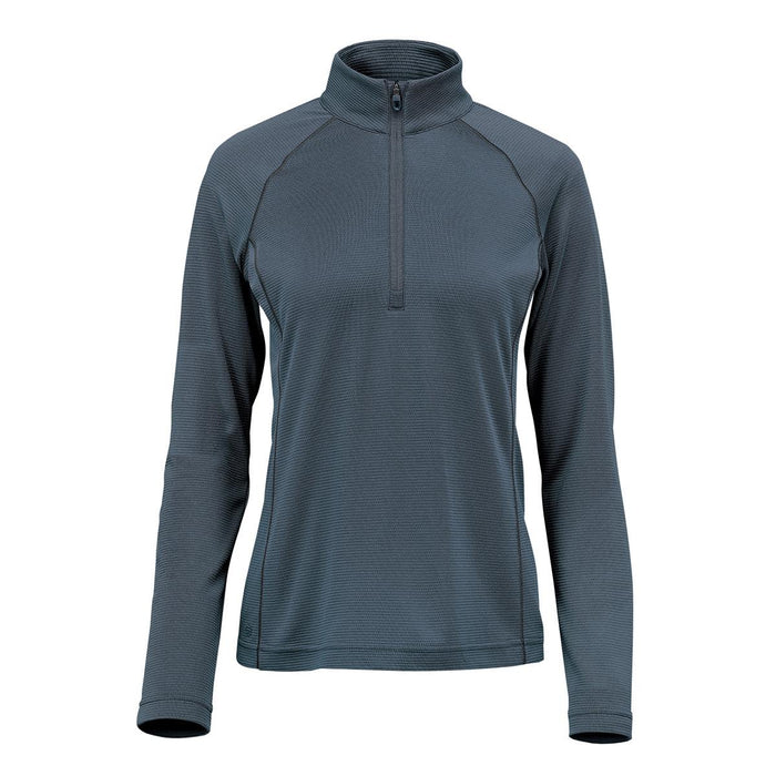 Women's Mesa 1/4 Zip Pullover - A women's pullover in a dark grey colour, featuring a 1/4 zip and long sleeves. It has a subtle texture and a logo.