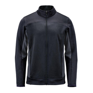 Men's Appaloosa Knit Jacket - A black knit jacket with a zip front, featuring contrasting panel details and a high collar. It has a logo on the design.