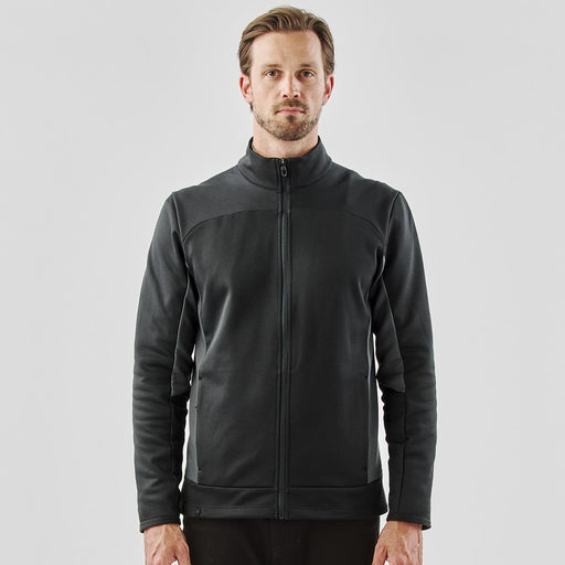 Men's Appaloosa Knit Jacket - A men's knit jacket in black with a zippered front and a high collar, featuring a logo on the side.