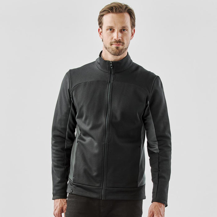 Men's Appaloosa Knit Jacket - A men's black knit jacket with a zip front and stand-up collar, featuring a logo on the chest.
