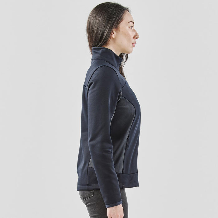 Women's Appaloosa Knit Jacket - A navy women's Appaloosa knit jacket featuring a high collar and fitted design. Includes a logo on the sleeve.