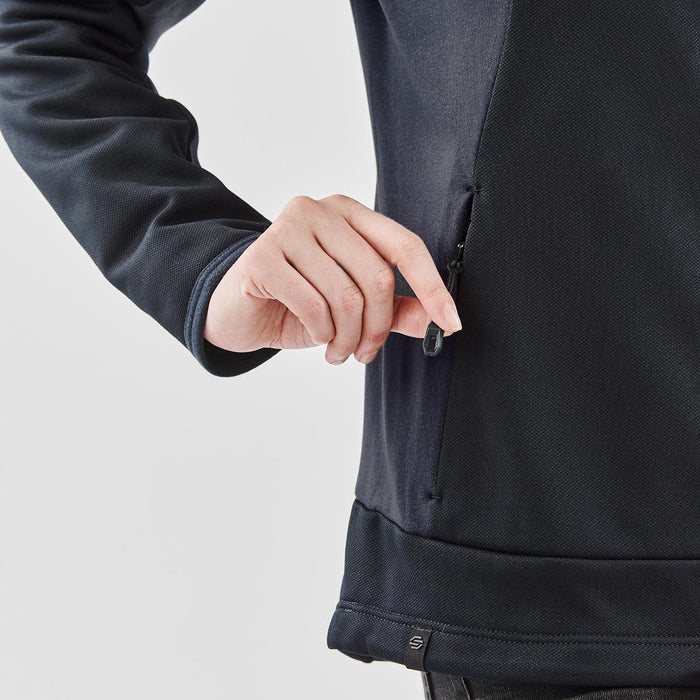 Women's Appaloosa Knit Jacket - A navy blue women's knit jacket featuring a zippered pocket and a sleek, comfortable design. It includes a logo.
